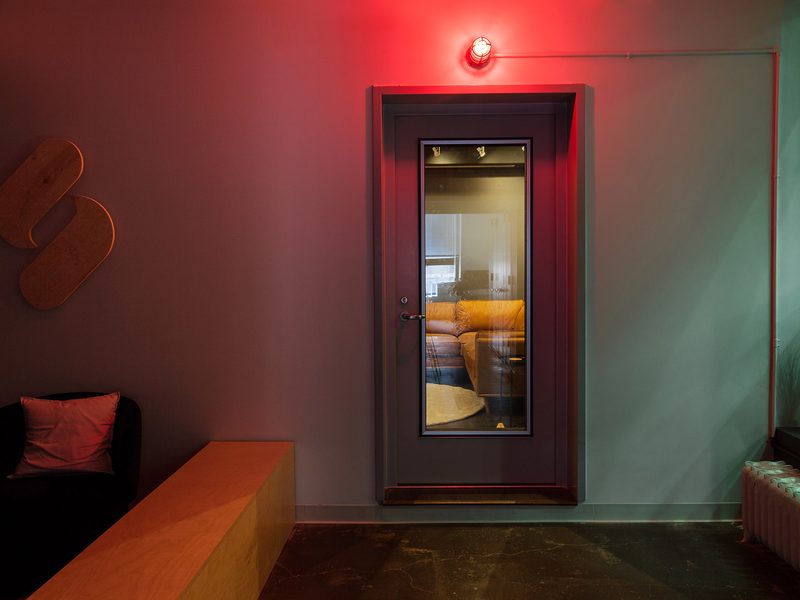 Studio entry with the record light above the door